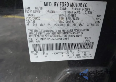 2010 Ford Edge Limited from USA, damaged, VIN 2FMDK3KC2ABA89859
